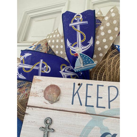 Nautical Wreath, “Keep Calm & Stay Anchored” Coastal Beach House Decor, Handmade - Picture 6 of 8